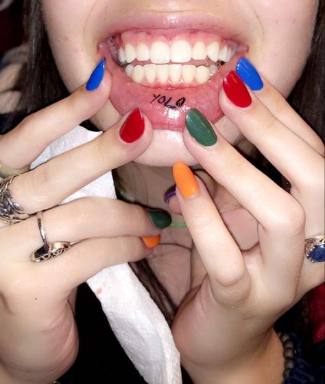 Yolo Lip Tattoo, Yolo Tattoos Ideas, Mouth Tattoo Inner Lip, Fbgm Tattoos, Yolo Tattoo Design, Funny Lip Tattoo, Yolo Tattoos For Women, Lip Tattoos Ideas, Lip Tats