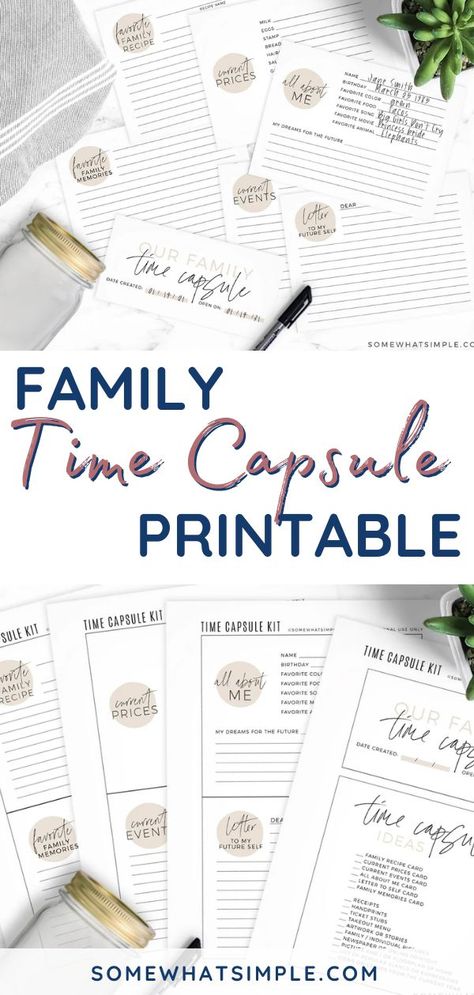 Download our time capsule printable pack and get ready for a fun family activity with memories just waiting to be re-discovered! Grab them over at SomewhatSImple.com Time Capsule Questionnaire, Time Capsule Printable Free, Family Time Capsule Ideas, Time Capsule Aesthetic, Family Time Capsule, Time Capsule Ideas, Activity Games For Kids, Young Women Activities, Chore Chart Kids