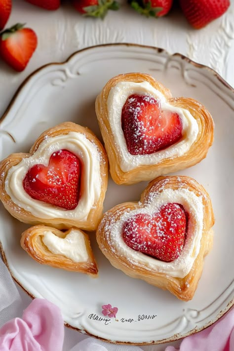 Vegan Strawberry Cream Danish Pretty Pastries Aesthetic, Strawberry Cream Danish, Valentine Pastries Ideas, Vegan Cream Cheese Danish, February Baking Ideas, Love Letter Pastries, Sweet Breakfast Aesthetic, Heart Shaped Pastries, Heart Shaped Treats