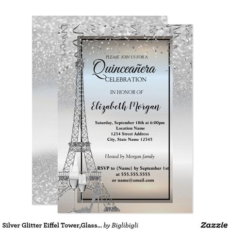 Silver Glitter Eiffel Tower,Glass,Heel Quinceañera Invitation Elegant silver wine glasses, silver glitter high heels and Eiffel tower on silver glitter bokeh background. Silver Wine Glasses, Glam Invitation, Quinceanera Stuff, Paris Invitations, Quinceañera Invitation, Glass Heels, Retirement Party Invitations, Glitter High Heels, Bokeh Background