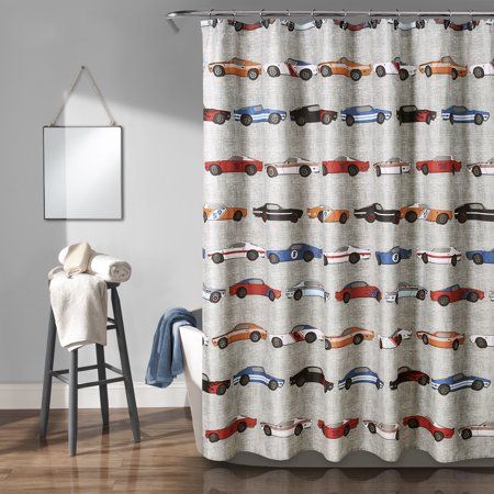 Race Cars Shower Curtain Blue/Orange 72X72 Car Bathroom, Shower Curtain Blue, Kids Shower Curtain, Bathroom Themes, Lush Decor, Kids Curtains, Navy Background, Plywood Furniture, Shower Curtain Hooks