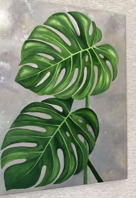 Monstera Plant Painting Acrylic, Plant Painting Ideas On Canvas, Tropical Leaf Painting Acrylic, Monstera Painting Acrylic, Plant Painting Ideas, Monstera Leaf Painting, Tropical Leaves Painting, Monstera Painting, Monstera Leaf Art