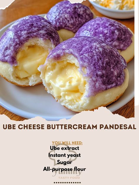 💜🧀 Discover the deliciousness of Ube Cheese Buttercream Pandesal! A perfect blend of creamy ube and cheese. Must-try! Ube Cheese Buttercream Pandesal Ingredients: All-purpose flour (4 cups) Sugar (1/2 cup) Instant yeast (2 1/4 tsp) Ube extract (1 tsp) Butter (1/4 cup, softened) Milk (1 cup, warmed) Cheese (1 cup, cubed) Buttercream (1/2 cup, for filling) Instructions: Mix flour, sugar, and yeast in a bowl. Add warmed milk, ube extract, and butter. Knead into a smooth dough. Let dough rise... Ube Cheese Pandesal Recipe, Ube Buns, Filipino Bakery, Ube Recipe, Ube Extract, Asian Pastry, Pandesal Recipe, Ube Recipes, Filipino Pride