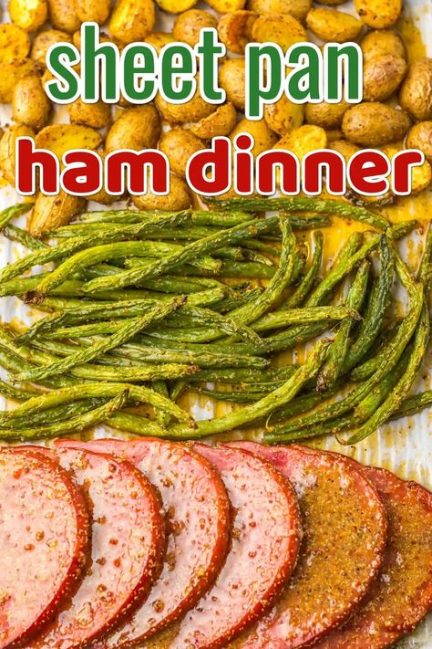 Sheet Pan Ham Steak Dinner - Life With The Crust Cut Off Sheet Pan Ham, Ham Steak Dinner, Ham And Green Beans, Ham Steak Recipes, Ham Steak, Ham Dinner, New Dinner, Ham Potato, Easy Sheet Pan Dinners