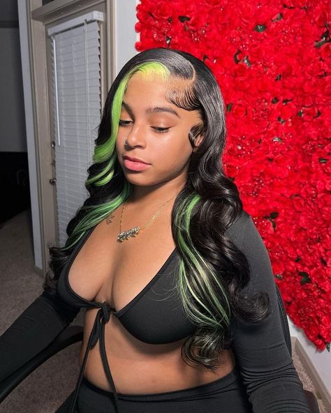 Wig Skunk Stripe, Skunk Stripe Wig, Straight Bob Cut, Highlight Bob, Skunk Stripe, Bob Cut Wigs, Short Straight Bob, Wig For Black Women, Green Wig