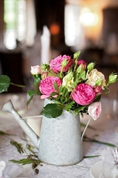 Watering Can Centerpiece, Watering Can Centerpieces, Birthday Party Garden, Valentines Tea Party, Wedding Flower Ideas, Valentine Tea, Milk Churn, Dinner Party Decorations, Wedding Party Flowers