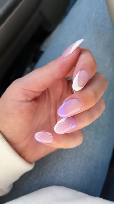 Purple and white tip acrylic nails White And Purple Nails Simple, Lavender White Nails, White And Light Purple Nails, White And Purple Gel Nails, White Nd Purple Nails, Purple And White Almond Nails, White Nails With Purple Design, Nails For Purple Dress Prom, Light Purple And White Nails