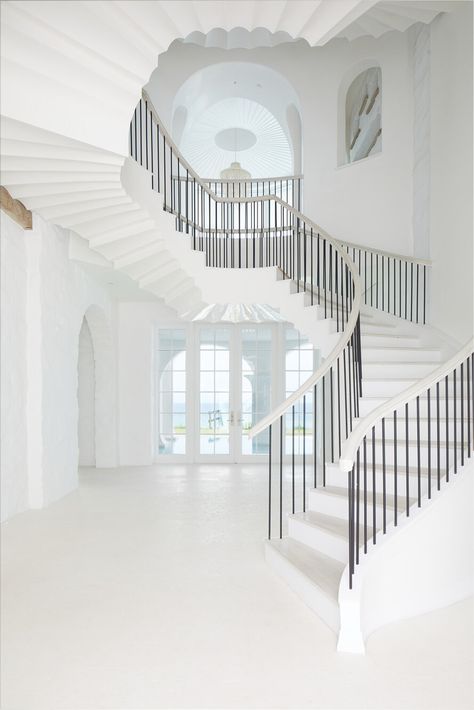 This Beach Mansion Boasts Panoramic Views of the Gulf and A Staircase That's A Work of Absolute Art | lark & linen Beach House Stairs, Beach Mansion, Linen Interior, Ceiling Detail, Design 101, House Stairs, Classical Architecture, Stair Railing, Lifestyle Design