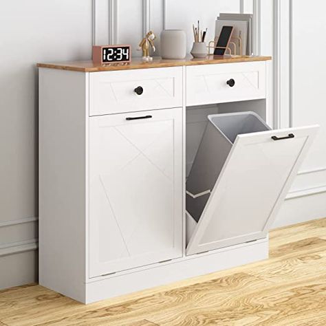 Amazon.com: Vabches Trash Cabinet Double Trash Can, Dog Proof Tilt Out Trash Bin Holder, Hideaway Free Standing Recycling Cabinet with 2 Drawers for Kitchen Living Room White : Industrial & Scientific Double Trash Can, Hide Trash Cans, Garbage Can Storage, Trash Cabinet, Recycled Kitchen, Recycling Storage, Trash Can Cabinet, Open Cabinets, Can Storage