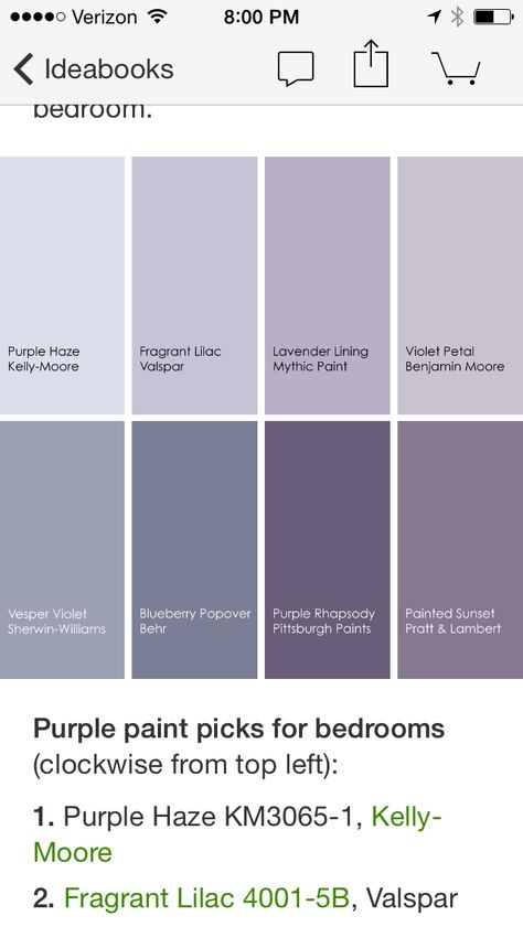 Purples! Gray Purple Wall Color, Silvered Purple Paint, Light Purple Bathroom Walls, Sherwin Williams Violet Paint Colors, Light Purple Paint Colors Bedroom, Purple Bedroom Colors, Purple Laundry Room Ideas, Purple Painted Walls, Lilac Grey Paint