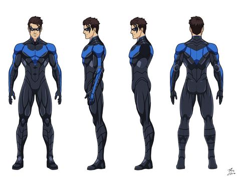 Nightwing Character Sheet, Superhero Turnaround, Character Turn Around Sheet, Nightwing Reference, Character Turnaround Male, Nightwing Design, Character Turnaround Sheet, Character Design Turnaround, Turnaround Character