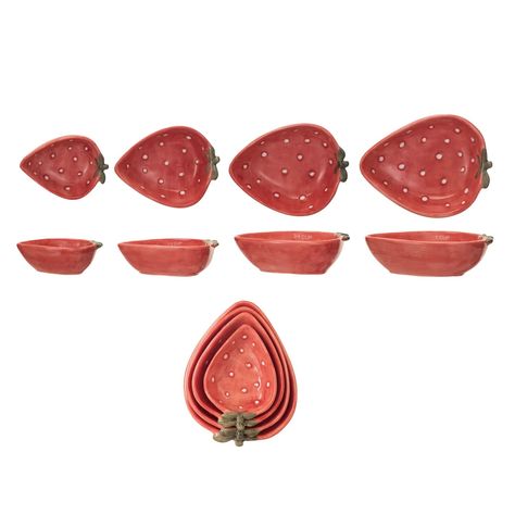 Buy the Strawberry Stoneware Measuring Cups Set at Michaels. com. This set of four hand-painted stoneware measuring cups adds a touch of whimsy and charm to any kitchen. This set of four hand-painted stoneware measuring cups adds a touch of whimsy and charm to any kitchen. A whimsical strawberry design in red, green, and white adorns each cup, making them a delight to use. These durable measuring cups are perfect for both dry and wet ingredients, and they will become a cherished addition to any Cottagecore Kitchen Accessories, Aesthetic Measuring Cups, Vintage Measuring Cups, Measuring Cups Aesthetic, Cute Kitchen Stuff, Cute Dishware, Cute Measuring Cups, Cute Kitchenware, Food Ceramics