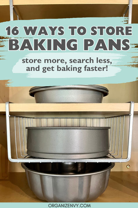 Baking pans stored in a kitchen cabinet Kitchen Baking Storage, Diy Pan Storage Ideas, Baking Pan Storage Ideas, Bakeware Storage Ideas, Kitchen Organization Baking, Pan Storage Ideas, Baking Pan Storage, Baking Sheet Storage, Baking Pans Storage