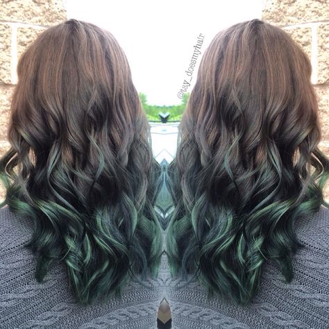 Brown to green ombre Brown To Green Hair, Brown To Green Ombre Hair, Emerald Green Balayage, Brown And Green Hair, Green And Brown Hair, Green Brown Hair, Green Hair Ombre, Hair Ombre Brown, Black Hair Ombre