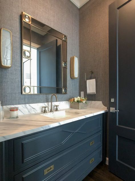 Master Bath Mirror, Eclectic Transitional, Corner Bathroom Vanity, Wallpaper Marble, Transitional Traditional, Vignette Design, Custom Vanity, Elegant Bathroom, Top Interior Designers