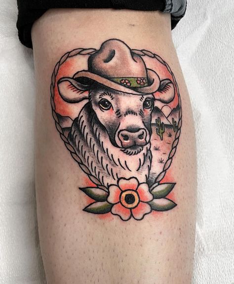 Cow With Cowboy Hat Tattoo, Cowboy Animal Tattoo, Cow In A Cowboy Hat, Cow In Cowboy Hat, Cow With Cowboy Hat, Yeehaw Tattoo, Cowboy Hat Tattoo, Hat Tattoo, Pig Tattoo