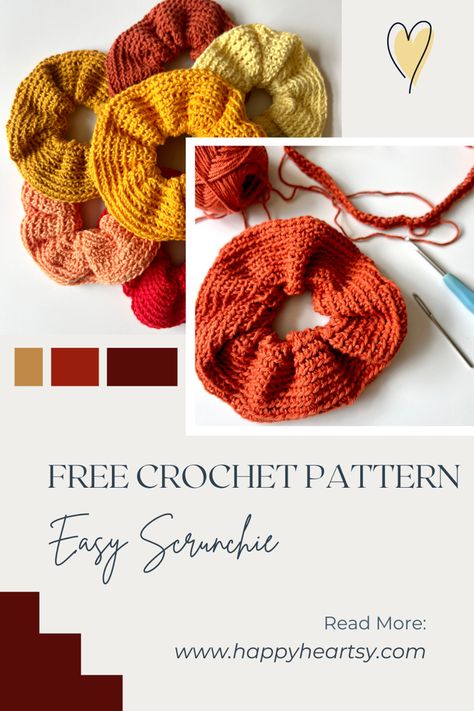 Crochet Scrunchies by Happy Heartsy. Easy Crochet Scrunchie Pattern, Beginner Crochet Scrunchie, Trendy Crochet Accessories, Simple Useful Crochet Projects, Crochet Patterns Scrunchies, Simple Beginner Crochet Patterns, Crochet Pattern Scrunchie, Crochet Patterns Worsted Weight Yarn, Sellable Crochet Patterns