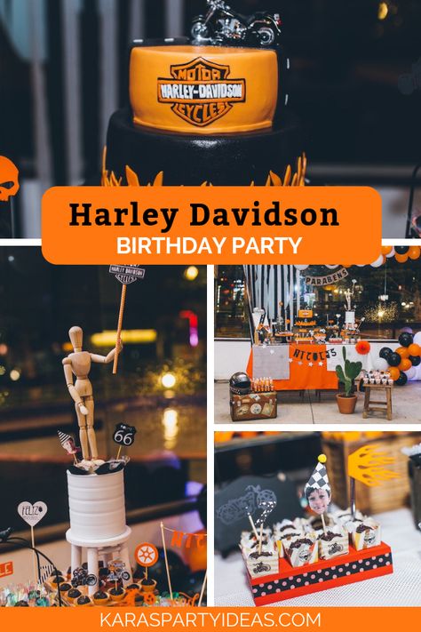 Harley Davidson Birthday Party via Kara's Party Ideas - KarasPartyIdeas.com Motorcycle Party Ideas For Men, Harley Davidson Themed Birthday Party, Harley Davidson Birthday Party, Harley Davidson Party Theme, Biker Party, Motorcycle Birthday Parties, Harley Davidson Baby, Biker Birthday, Harley Davidson Cake