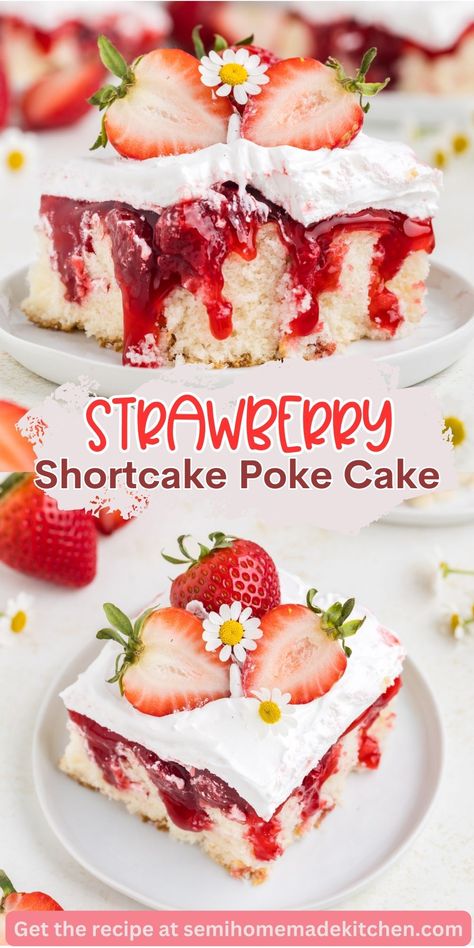 Uncover the deliciousness of Strawberry Shortcake Poke Cake – a simple variation of the classic dessert. White cake, strawberry pie filling, whipped topping, and fresh strawberries come together for an easy and tasty treat. Strawberry Shortcake Poke Cake, Strawberry Poke Cakes, Easy Strawberry Shortcake, Cake Mix Desserts, Strawberry Pie Filling, Cake Strawberry, Strawberry Dessert Recipes, Strawberry Shortcake Recipes, Shortcake Recipe