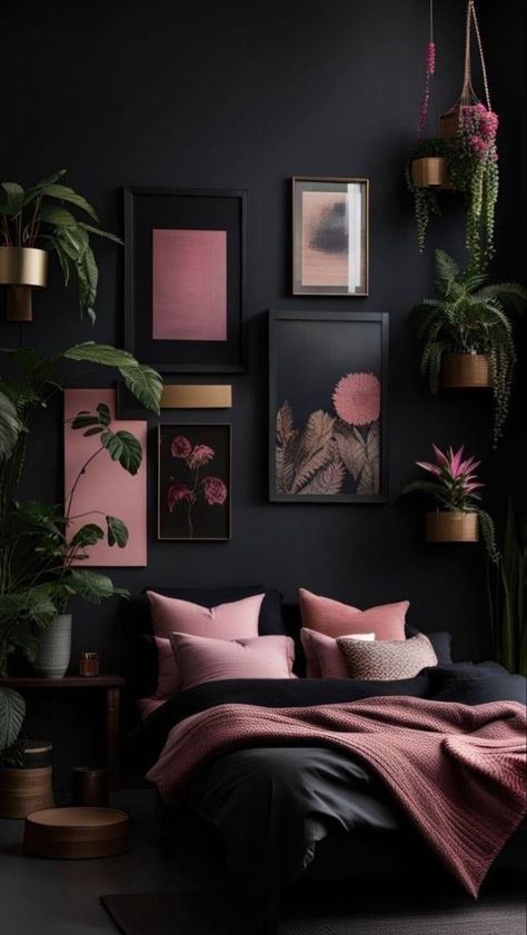 Black Pink And Gold Bedroom, Slanted Wall Decor, Pink Black Bedrooms, Contrast Palette, Eclectic Decor Bedroom, Black Bedroom Design, Bedroom Vibes, Cozy Fall Bedroom, Romantic Luxury