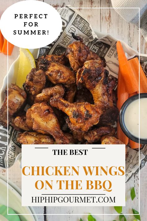 bowl of grilled chicken wings with lemon wedges and carrots, ramekin of creamy white sauce in the bowl Juicy Grilled Chicken, Grilled Wings, Grilled Chicken Wings, Summer Cookouts, Cook Up A Storm, Outdoor Grill, The Grill, Grilling Recipes, Skewers