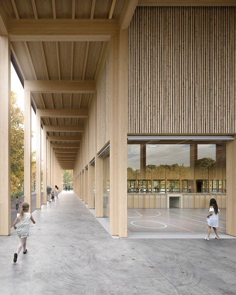 Wood Facade, Sports Hall, Timber Architecture, Architectural Competition, Wood Architecture, Brick Architecture, Sport Hall, Hall Design, Architecture Rendering