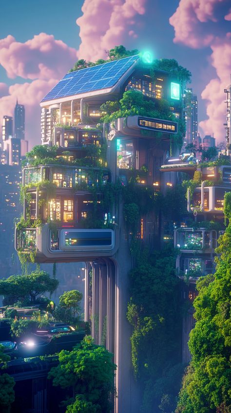 **Futuristic Cityscape: Eco-Friendly Architecture and Smart Living**   Explore a visionary city where nature meets technology! This stunning scene features solar-paneled buildings, vibrant green spaces, and autonomous vehicles, all lit by the soft glow of twilight. Experience a harmonious lifestyle in a smart city! 🌆✨   #SmartCity #EcoFriendly #FuturisticDesign #midjourney Eco Futurism, Earthship Home Plans, Futuristic City Utopia, Utopian City, Alien City, Eco Friendly Architecture, Futuristic Cityscape, Concept Vehicles Sci Fi, Future Architecture