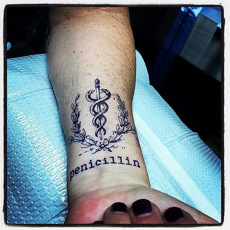 medic alert tattoo - Google Search                                                                                                                                                                                 More Tattoo Allergy, Medical Tattoo Nurse, Medical Alert Tattoo, Tattoo Words, Maching Tattoos, Medical Tattoo, Tattoo Health, Matching Tattoo, Word Tattoos