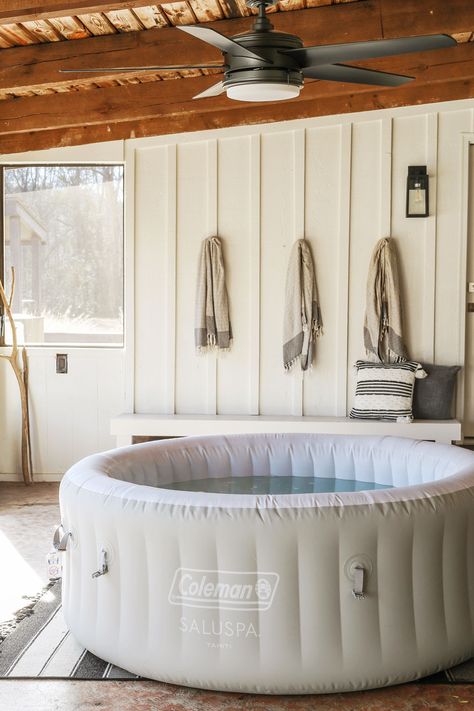 hot tub area ideas Sunroom Hot Tub Ideas, 3 Season Room With Hot Tub, Inflatable Pool Decorating Ideas, Inflatable Hot Tub On Deck, Hot Tub Small Space, Hot Tub Installation, Blowup Hot Tub Ideas Backyards, Coleman Hot Tub Ideas, Inflatable Hot Tub Set Up