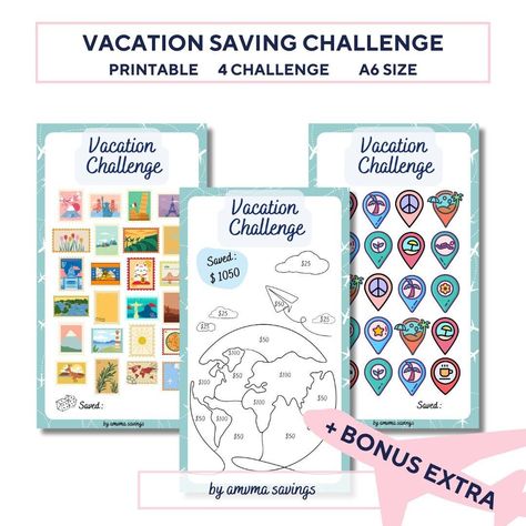 3 x Vacation Savings Challenge, Printable Cash Envelopes, Travel Savings Challenge, 1050 Money Saving challenge, A6 Printable PDF Vacation Challenge, Vacation Savings Challenge, Adventurous Honeymoon, Vacation Savings, Savings Challenge Printable, Christmas Getaways, Savings Challenges, Vacation Goals, Saving Challenge