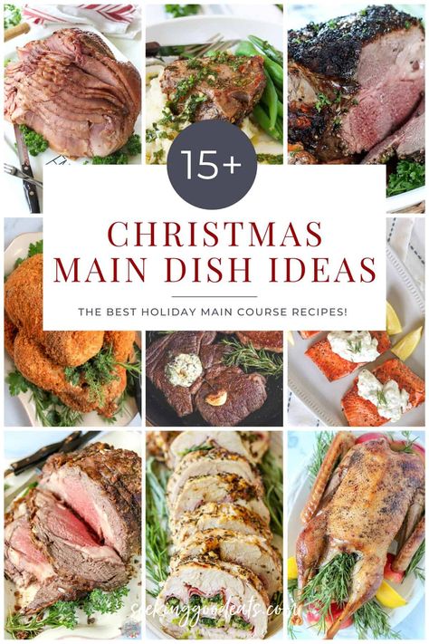 Here are 15 Christmas main dishes that are delicious, easy, and totally worthy of the most beautiful holiday dinner. Whether it's a traditional roast or a unique fancy stuffed pork or meatloaf, you'll fine prime rib, ham, turkey, lamb, and seafood recipes that are sure to impress your family and guests this holiday season! You are sure to find the perfect holiday recipe. Christmas Dinner Main Course, Christmas Entrees, Christmas Main Course, Elegant Christmas Dinner, Holiday Entrees, Christmas Main Dishes, Easy Christmas Dinner, Christmas Main, Christmas Dinner Menu