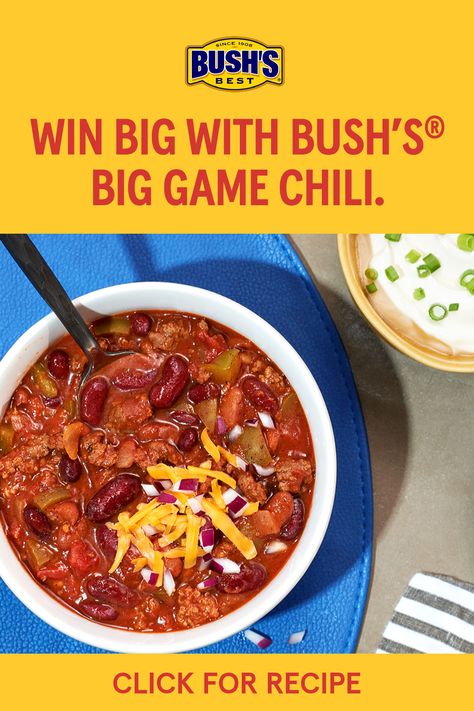 Get ready for a game day watch party with the perfect chili recipe. BUSH’S® Big Game Chili is fit to feed a crowd, and it also makes for some pretty tasty leftovers. Get the recipe here! #gamedayrecipe #footballfood #basketball #apps #footballrecipe #gamedayidea #basketballpartyfood Bush’s Beans Chili Recipe, Chili With Bushs Chili Beans, Bush Chili Beans Recipe, Bush’s Chili Recipe, Bush Beans Chili Recipe, Football Chili Recipe, Bush's Chili Recipe, Football Chili, Traditional Chili Recipe