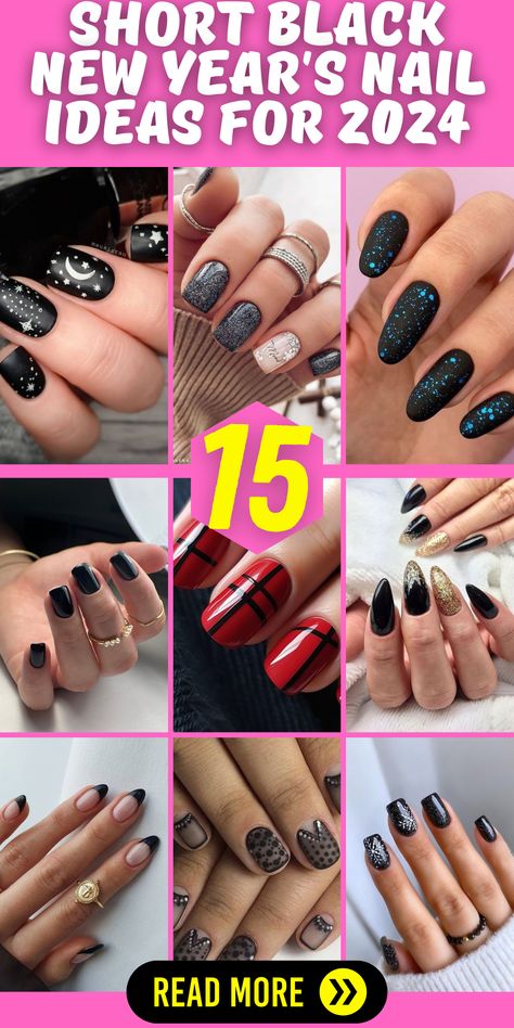 Black New Year's Nails 2024 - Time to Shine: It's time to shine in 2024 with black New Year's nails. These short nail designs are perfect for making a statement. Whether you choose French tips, matte finishes, or a hint of glitter, you'll be stepping into the new year with style. Explore these elegant and minimalist nail art options. New Years Nails 2023 Trends Black, New Year Nails 2024, New Years Nail Designs Short, Black Nail With Glitter, Black Nails Designs Short, New Years Short Nails, Black Glitter Nails Short, Black And Glitter Nail Designs, New Year Nails Design 2024 Short