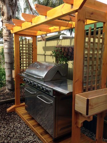 Bbq Arbor Ideas, Outdoor Cooking Station, Arbor Ideas, Cooking Station, Decorative Trellis, Cedar Stain, Backyard Area, Build A Frame, Backyard Designs