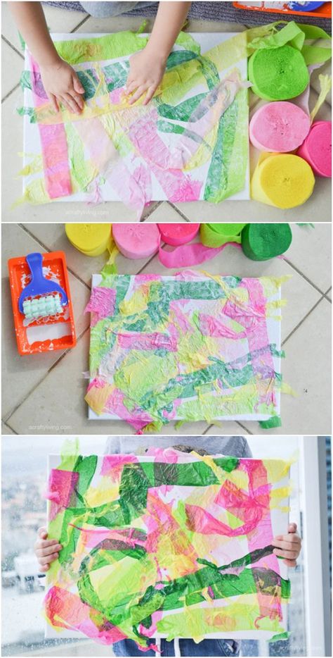 Easy Crepe Paper Canvas Art with Kids. Beautiful and colorful art you can make with toddlers, preschoolers and young children. Paper Canvas Art, Process Art Preschool, Høstaktiviteter For Barn, Kids Collage, Kindergarten Art Projects, Messy Art, Kindergarten Art, Toddler Art, Camping Art