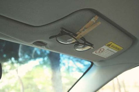 thrifty!  explore ideas of using for hanging other things, jacket/coat "rack" for Hannah Diy Sunglasses Holder, Diy Sunglasses, Diy Essentials, Car Visor, Sunglasses Holder, Diy Pins, Clothes Pin Crafts, Diy Holder, Sunglass Holder