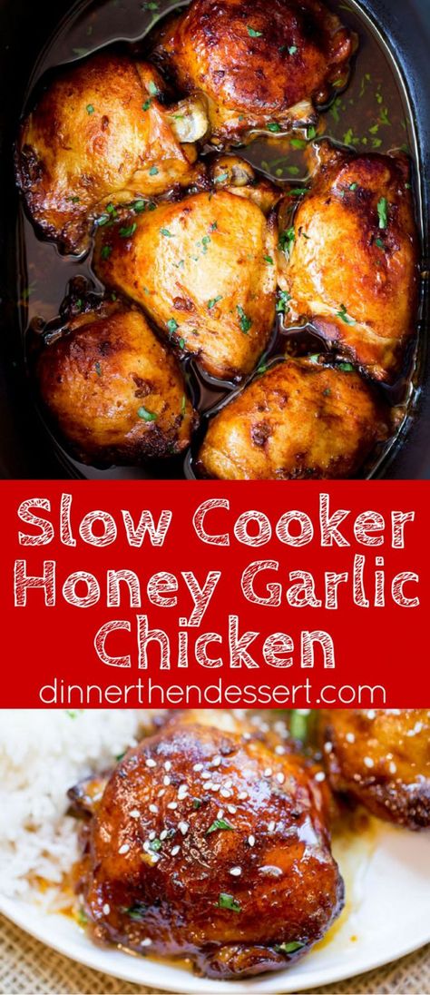 Slow Cooker Honey Garlic Chicken is the perfect weeknight meal with just five ingredients. Full of flavor and easy to make with pantry ingredients and almost no prep! Onion Patties, Slow Cooker Honey Garlic Chicken, Menu Recipes, Serving Ideas, Patties Recipe, Crockpot Dishes, Honey Garlic Chicken, Food Projects, Crock Pot Slow Cooker