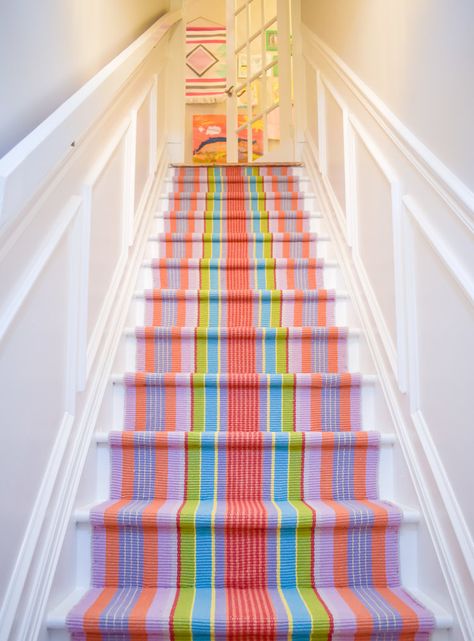 Rainbow Stair Runner, Carport Update, Colorful Stairs, Foyer Remodel, Decoupaged Furniture, Beautiful Shops, Staircase Runner, Colorful Cottage, Staircase Ideas