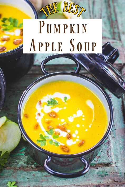 Make creamy and velvety Pumpkin Apple Soup in under 30 minutes using my easy recipe. It is a perfect balance of savory, tart and spicy flavors. Pumpkin Apple Soup Recipe, Pumpkin Apple Soup, Apple Soup Recipes, Pumpkin Vegetable, Beet Salad Recipes, Apple Soup, Savory Tart, Fall Soups, Pumpkin Apple