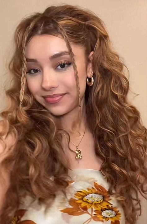 Leo Hair, Half Up Pigtails Hairstyles Curly, Curly Hair With Gold Accessories, Curly Half Up Pigtails, Wavy Hair Half Up Half Down Pigtails, Two Half Up Pigtails Curly Hair, Wavy Hair Pigtails, Curly Prom Hair, Brown Hair Inspo