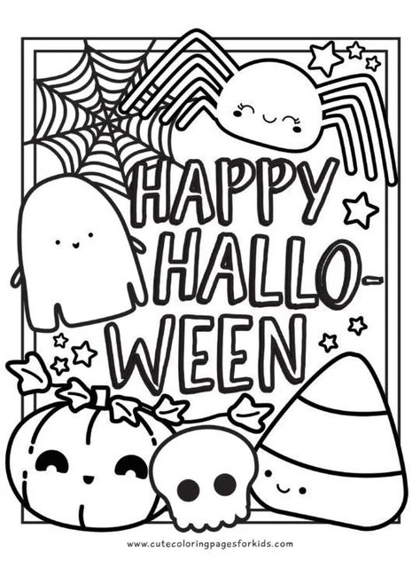 Happy Halloween line drawn words with cute Halloween characters such as a ghost, spider, jack-o-lantern, skull, and candycorn. Halloween Coloring Pictures, Halloween Coloring Pages Printable, Cute Halloween Coloring Pages, Imprimibles Halloween, Free Halloween Coloring Pages, Halloween Coloring Sheets, Halloween Infantil, Free Printable Coloring Sheets, Kitty Coloring