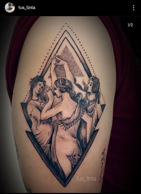 The Three Graces depicts the three daughters of Zeus, each of whom is described as being able to bestow a particular gift on humanity: (from left to right) Euphrosyne (mirth), Aglaia (elegance) and Thalia (youth and beauty The Three Graces Tattoo, Three Graces Tattoo, Botticelli Tattoo, Primavera Painting, Myth Tattoo, Sculpture Tattoo, Grace Tattoos, Tattoo Training, Glyph Tattoo