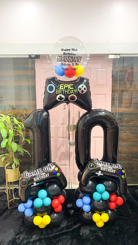 Video Games, Game Lover, Birthday, Decor, Celebration, Personalised Gifts, Balloon Bouquet Gaming Balloon Arch, Game Over Birthday Party Ideas, Gaming Party Decorations Ideas, Blue Green Black Balloon Garland, Play Station Birthday Party Decorations, Gamer Party Decorations Diy, Gaming Birthday Party Decorations, Video Games Theme Party, Gamer Balloon Decor