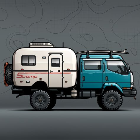 Overland Setup, Van Cartoon, Camping Truck, Ford Obs, Scamp Trailer, Toyota Dyna, Kombi Motorhome, Mitsubishi Canter, Concept Vehicles Sci Fi