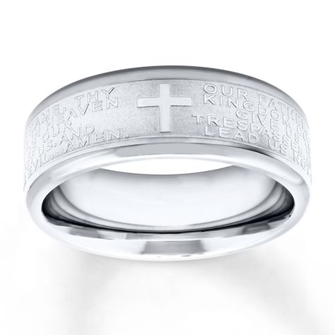 Men's Wedding Band Cross & Lord's Prayer Stainless Steel 8mm Jewelry Questions, Ring Boy, Groom Ring, Wedding Bands For Him, The Lord's Prayer, Lord's Prayer, Jewelry Advice, Men's Wedding Ring, Silver Wedding Bands