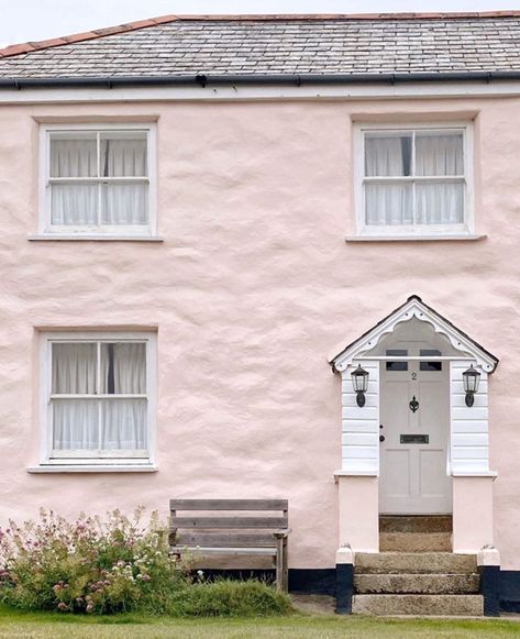 Pink Stucco House Exterior, Pink Exterior Paint, Stucco House Exterior, Pink Stucco, Pink House Exterior, English Homes, Stucco House, Pink Front Door, Cottage Exteriors