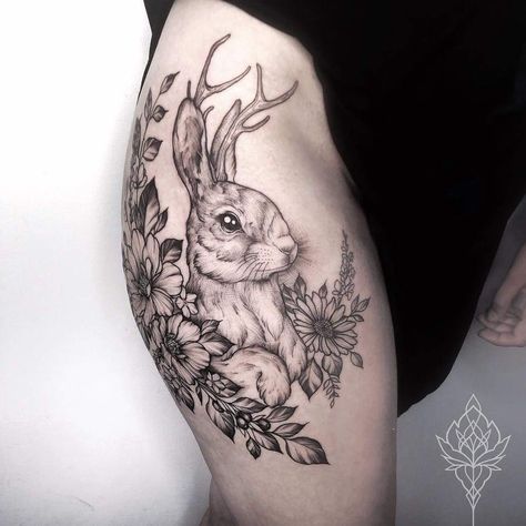 Hase Tattoos, Jackalope Tattoo, Rabbit Flower, Flower Tattoo Drawings, Web Tattoo, Saved Tattoo, Bunny Tattoos, Elements Tattoo, Rabbit Tattoos