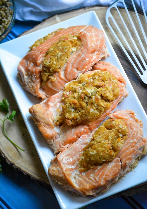 Crab Stuffed Salmon (Costco Copycat) - 4 Sons 'R' Us Costco Stuffed Salmon Recipe, Stuffed Seafood, Crab Stuff Salmon Recipes, Costco Salmon, Costco Copycat, Crab Stuffed Salmon, Stuffed Salmon, Costco Meals, Crab Stuffed