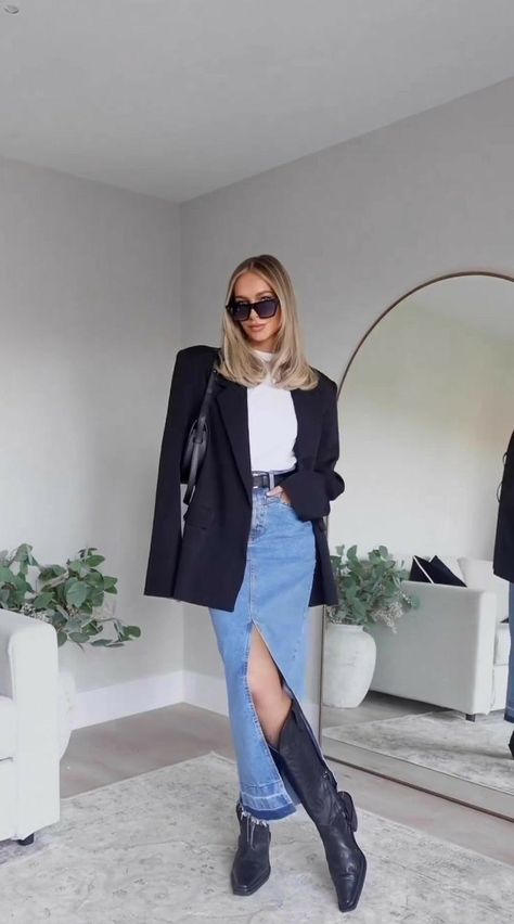 Long Denim Skirt Outfits, Skirt Outfits For Women, Looks Total Jeans, Long Denim Skirt Outfit, Denim Skirt Trend, Fashion Dresses For Women, Simple Winter Outfits, Jean Skirt Outfits, Denim Skirt Outfits