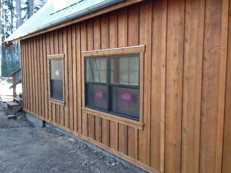 Board And Batten Siding Stained, Board On Board Siding, Board And Batten Cedar Siding, Cypress Board And Batten Siding, Exterior Wood Accent Wall, Board And Batten Cabin Exterior, Board And Batten Wall Wood Stain, Wood Board And Batten Exterior, Pine Board And Batten Siding